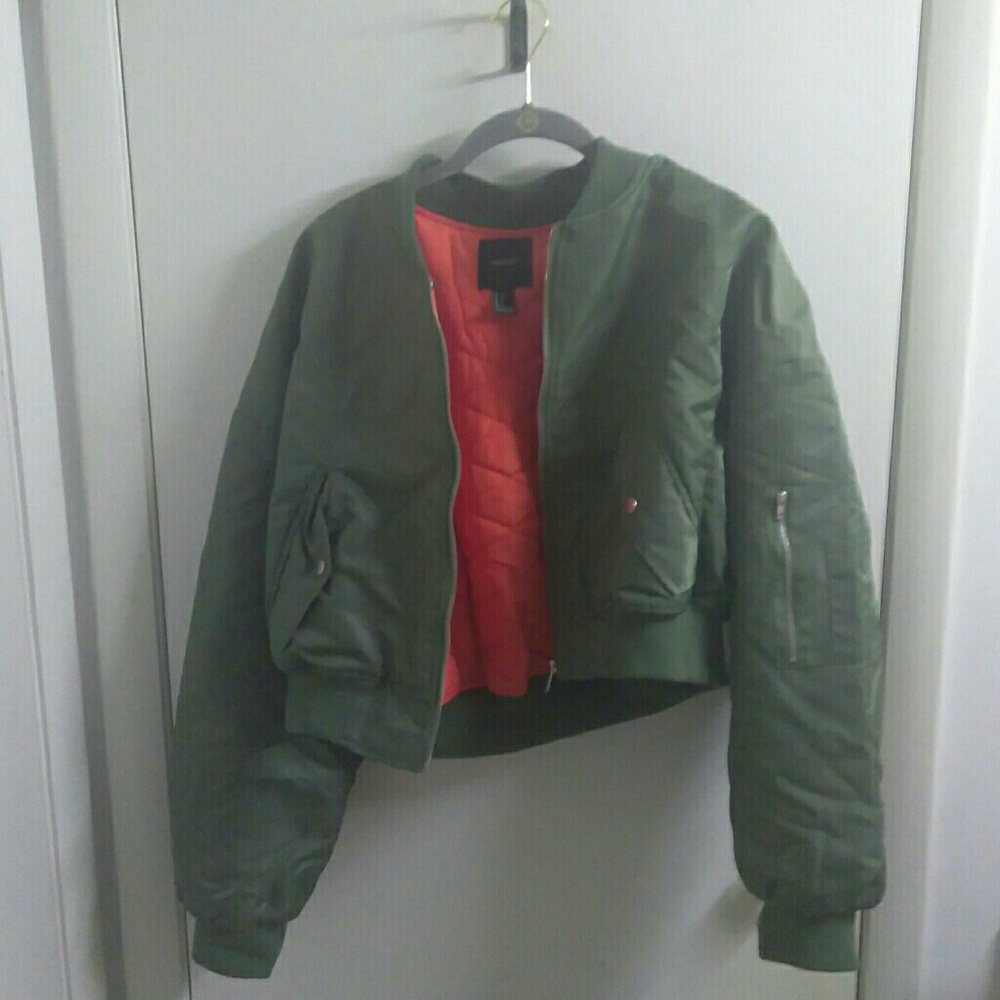 Olive Cropped Bomber Jacket w/ Orange Lining
